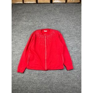 Tia Designs Jacket Womens Large Red Cotton Fleece Lined‎ Full Zip Rhinestones